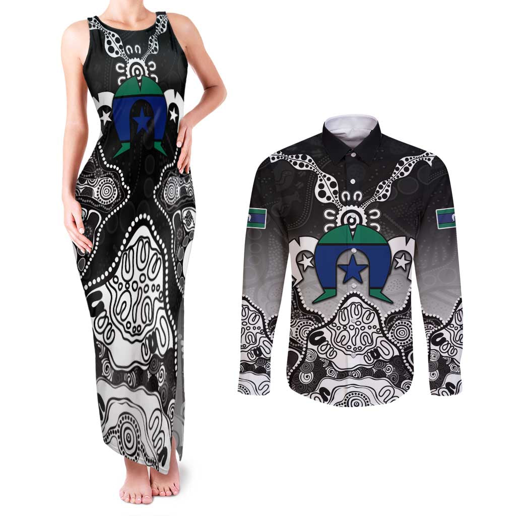 Torres Strait Islander Flag Couples Matching Tank Maxi Dress and Long Sleeve Button Shirt Dhari Indigenous Dotwork Pattern Art