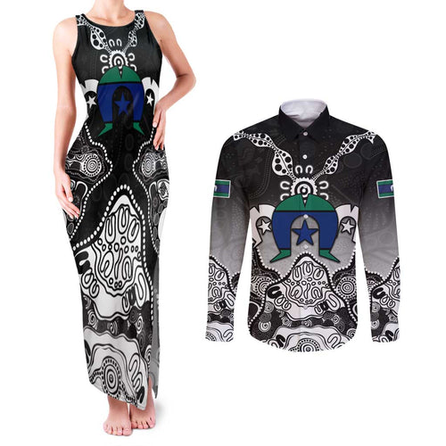 Torres Strait Islander Flag Couples Matching Tank Maxi Dress and Long Sleeve Button Shirt Dhari Indigenous Dotwork Pattern Art
