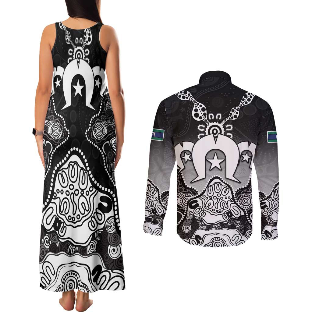 Torres Strait Islander Flag Couples Matching Tank Maxi Dress and Long Sleeve Button Shirt Dhari Indigenous Dotwork Pattern Art