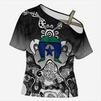Torres Strait Islander Flag Cross Shoulder Shirt Dhari Indigenous Dotwork Pattern Art