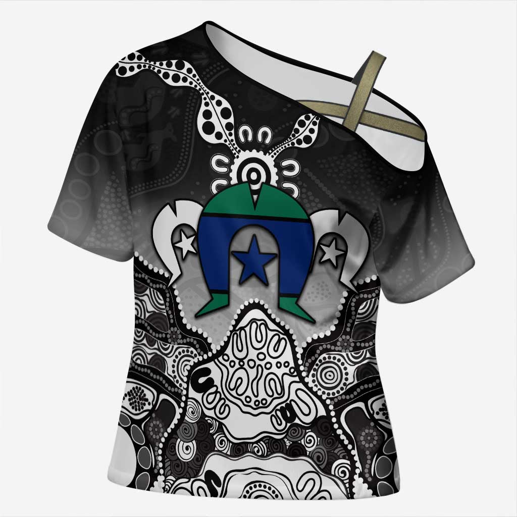 Torres Strait Islander Flag Cross Shoulder Shirt Dhari Indigenous Dotwork Pattern Art