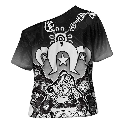 Torres Strait Islander Flag Cross Shoulder Shirt Dhari Indigenous Dotwork Pattern Art