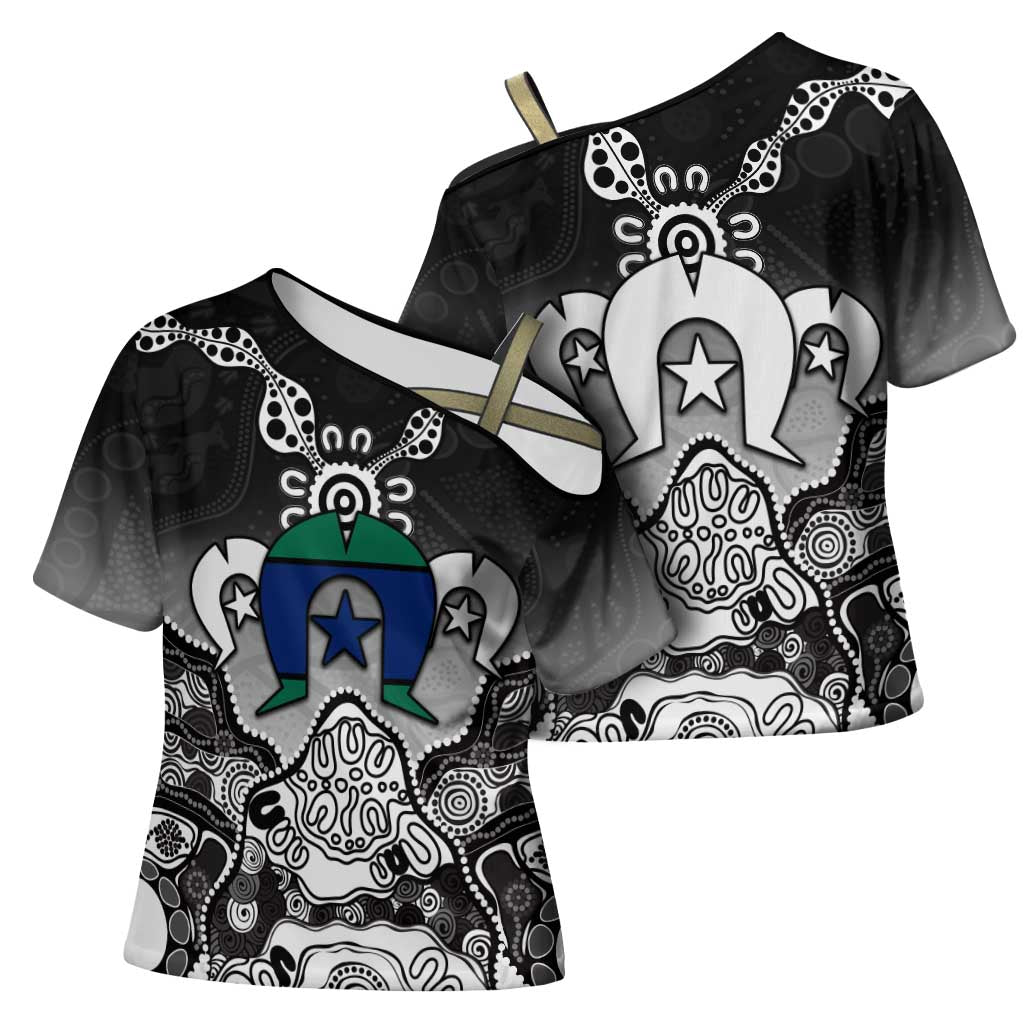 Torres Strait Islander Flag Cross Shoulder Shirt Dhari Indigenous Dotwork Pattern Art