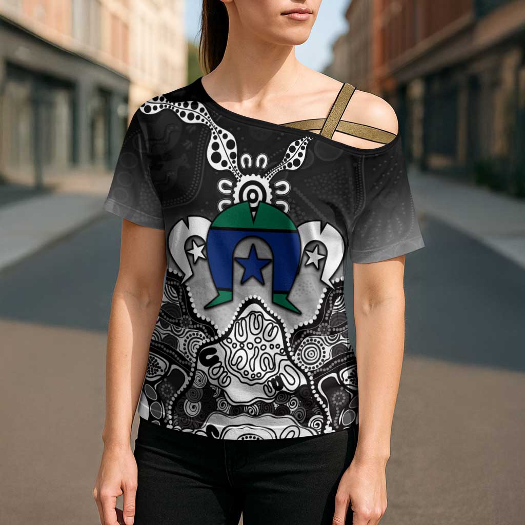 Torres Strait Islander Flag Cross Shoulder Shirt Dhari Indigenous Dotwork Pattern Art