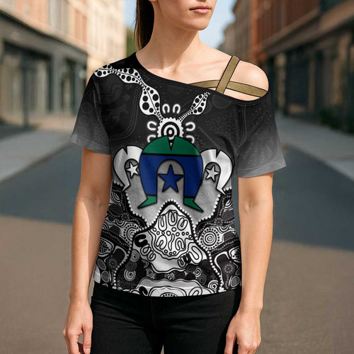 Torres Strait Islander Flag Cross Shoulder Shirt Dhari Indigenous Dotwork Pattern Art