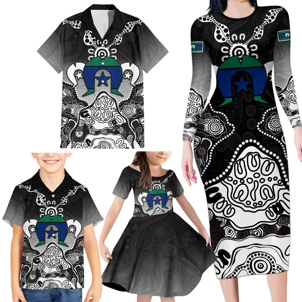 Torres Strait Islander Flag Family Matching Long Sleeve Bodycon Dress and Hawaiian Shirt Dhari Indigenous Dotwork Pattern Art