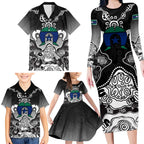 Torres Strait Islander Flag Family Matching Long Sleeve Bodycon Dress and Hawaiian Shirt Dhari Indigenous Dotwork Pattern Art