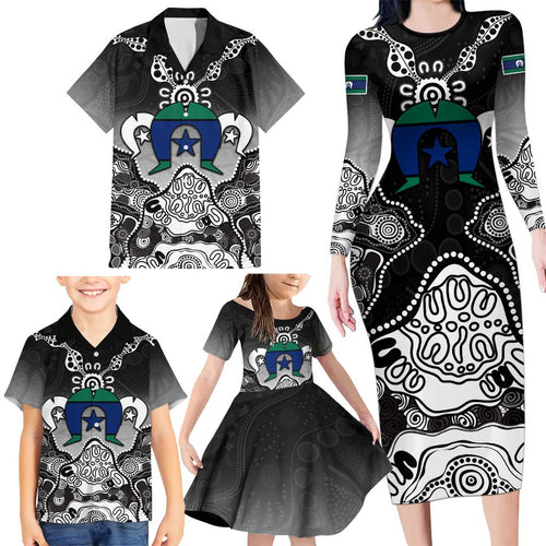 Torres Strait Islander Flag Family Matching Long Sleeve Bodycon Dress and Hawaiian Shirt Dhari Indigenous Dotwork Pattern Art