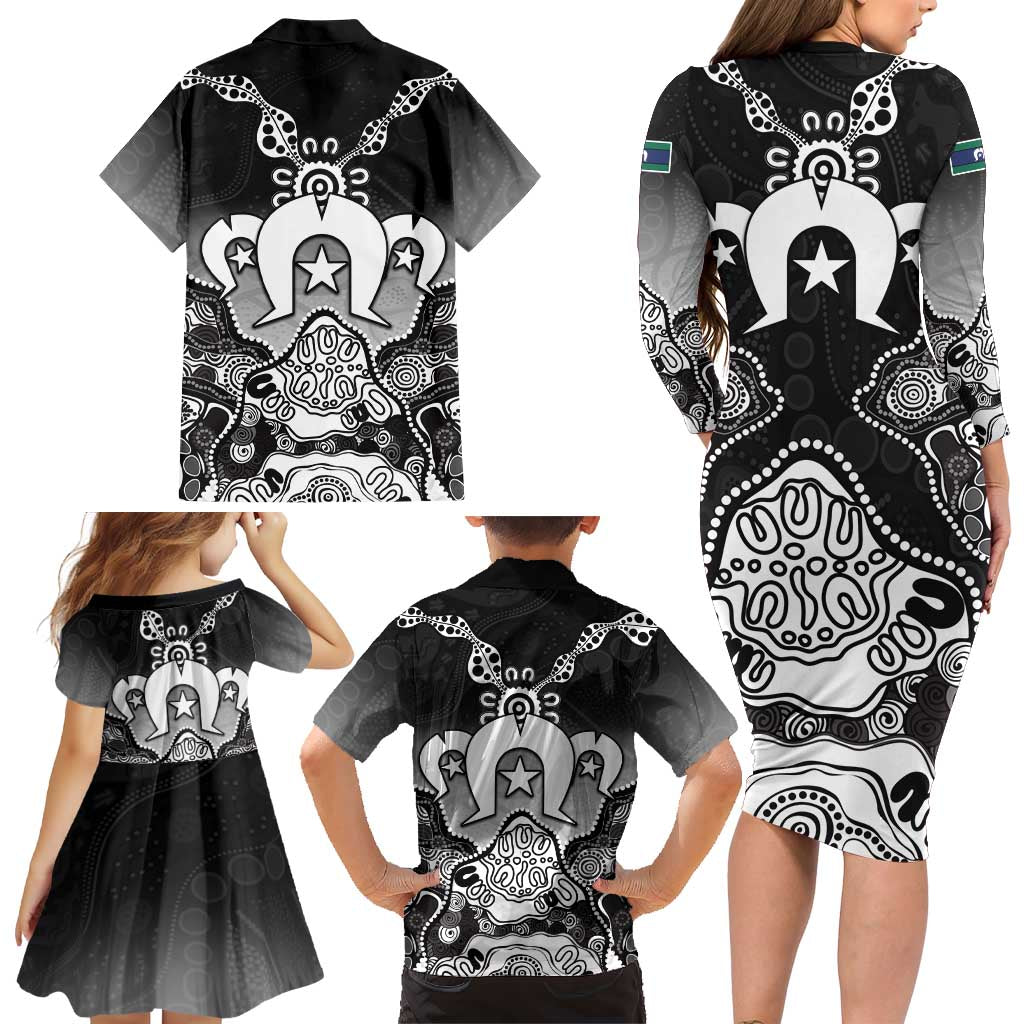 Torres Strait Islander Flag Family Matching Long Sleeve Bodycon Dress and Hawaiian Shirt Dhari Indigenous Dotwork Pattern Art