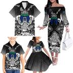 Torres Strait Islander Flag Family Matching Off The Shoulder Long Sleeve Dress and Hawaiian Shirt Dhari Indigenous Dotwork Pattern Art