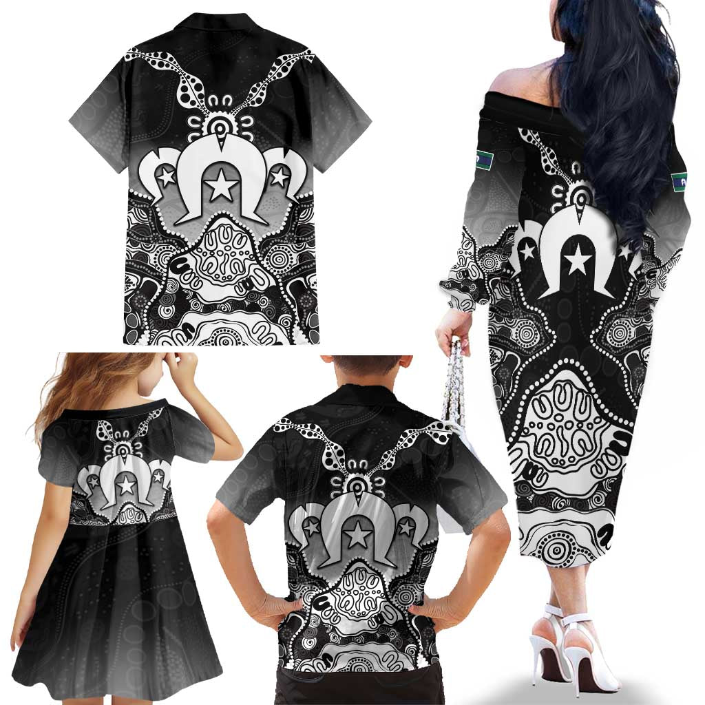 Torres Strait Islander Flag Family Matching Off The Shoulder Long Sleeve Dress and Hawaiian Shirt Dhari Indigenous Dotwork Pattern Art