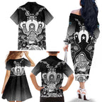 Torres Strait Islander Flag Family Matching Off The Shoulder Long Sleeve Dress and Hawaiian Shirt Dhari Indigenous Dotwork Pattern Art