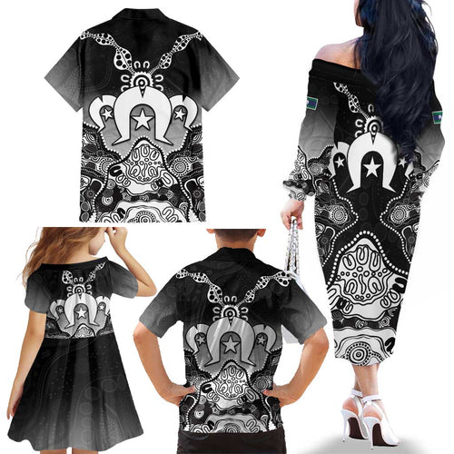 Torres Strait Islander Flag Family Matching Off The Shoulder Long Sleeve Dress and Hawaiian Shirt Dhari Indigenous Dotwork Pattern Art