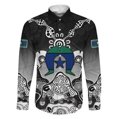 Torres Strait Islander Flag Family Matching Off The Shoulder Long Sleeve Dress and Hawaiian Shirt Dhari Indigenous Dotwork Pattern Art