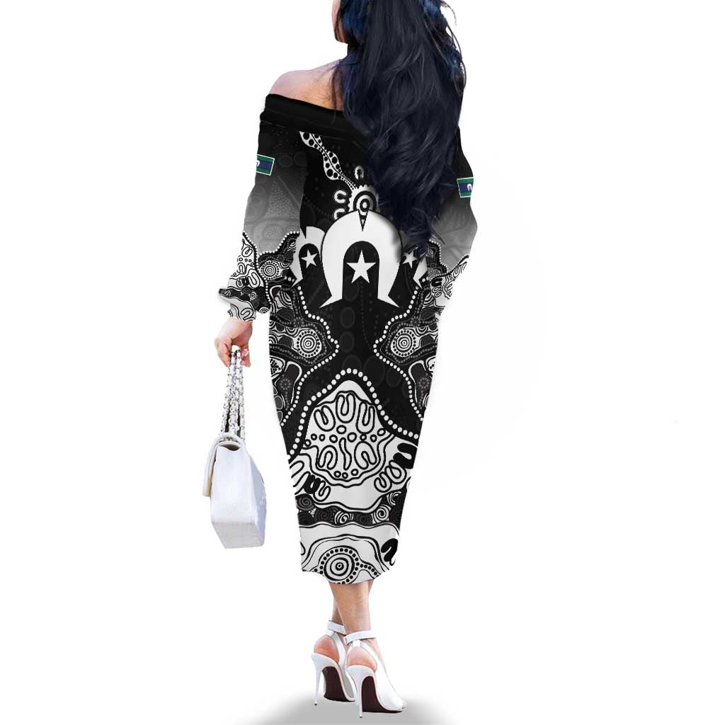 Torres Strait Islander Flag Family Matching Off The Shoulder Long Sleeve Dress and Hawaiian Shirt Dhari Indigenous Dotwork Pattern Art