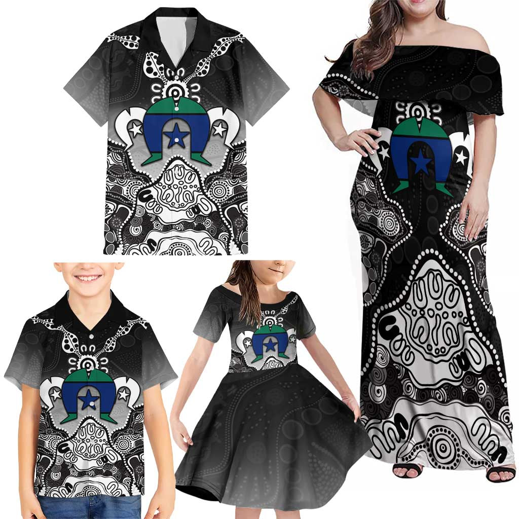 Torres Strait Islander Flag Family Matching Off Shoulder Maxi Dress and Hawaiian Shirt Dhari Indigenous Dotwork Pattern Art
