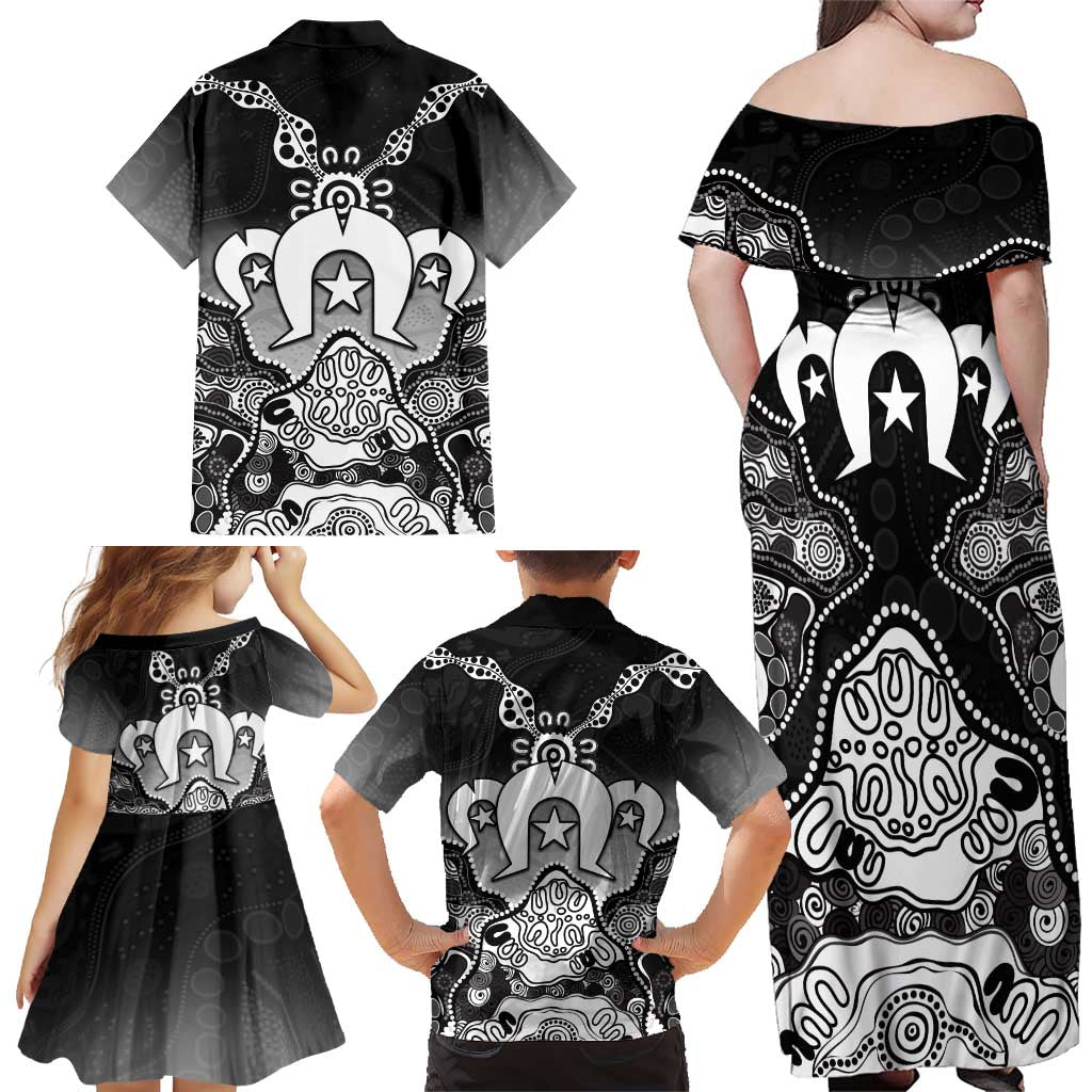 Torres Strait Islander Flag Family Matching Off Shoulder Maxi Dress and Hawaiian Shirt Dhari Indigenous Dotwork Pattern Art