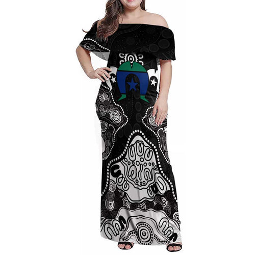 Torres Strait Islander Flag Family Matching Off Shoulder Maxi Dress and Hawaiian Shirt Dhari Indigenous Dotwork Pattern Art