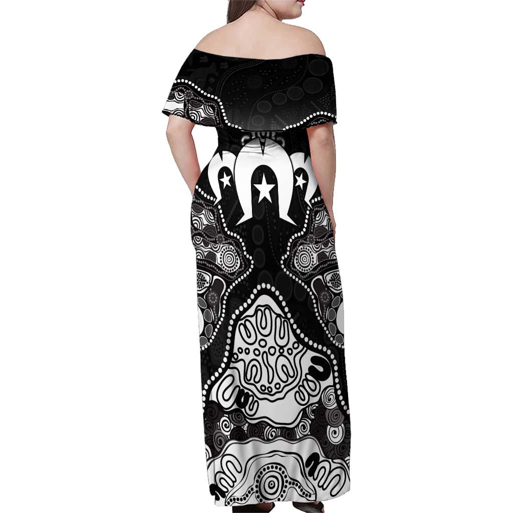 Torres Strait Islander Flag Family Matching Off Shoulder Maxi Dress and Hawaiian Shirt Dhari Indigenous Dotwork Pattern Art