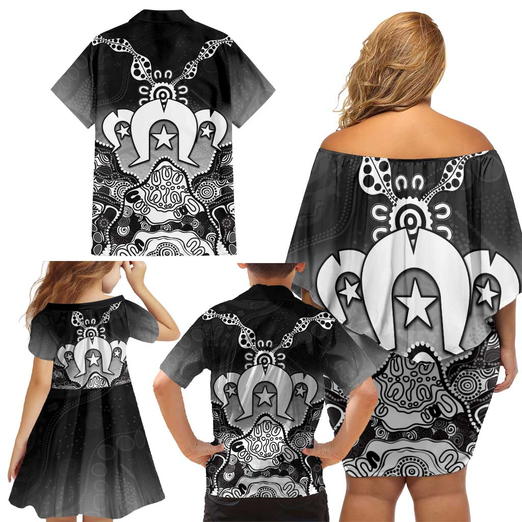 Torres Strait Islander Flag Family Matching Off Shoulder Short Dress and Hawaiian Shirt Dhari Indigenous Dotwork Pattern Art