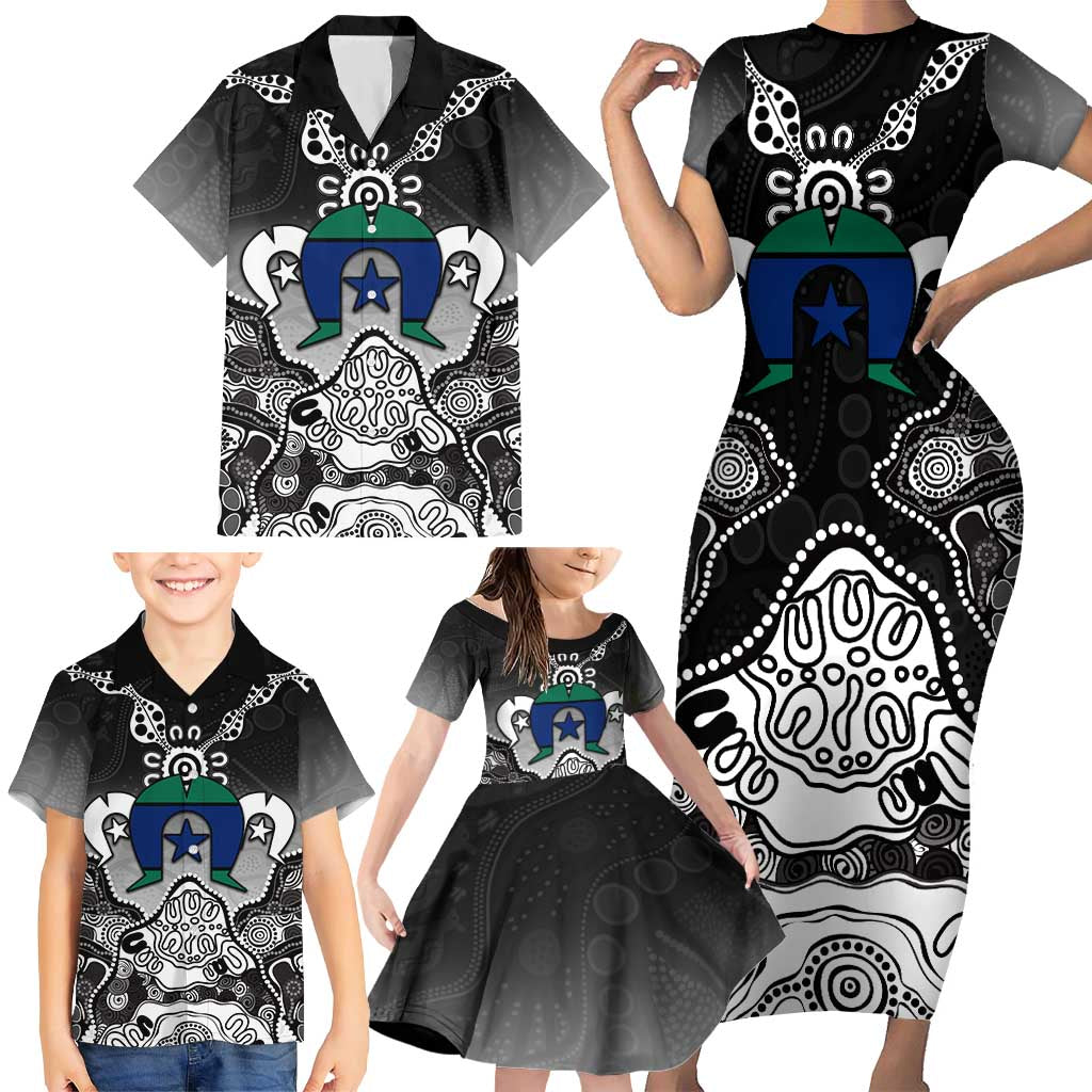 Torres Strait Islander Flag Family Matching Short Sleeve Bodycon Dress and Hawaiian Shirt Dhari Indigenous Dotwork Pattern Art