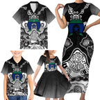 Torres Strait Islander Flag Family Matching Short Sleeve Bodycon Dress and Hawaiian Shirt Dhari Indigenous Dotwork Pattern Art