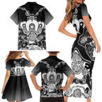 Torres Strait Islander Flag Family Matching Short Sleeve Bodycon Dress and Hawaiian Shirt Dhari Indigenous Dotwork Pattern Art