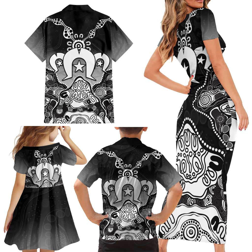 Torres Strait Islander Flag Family Matching Short Sleeve Bodycon Dress and Hawaiian Shirt Dhari Indigenous Dotwork Pattern Art