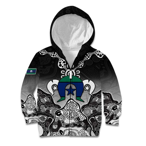 Torres Strait Islander Flag Kid Hoodie Dhari Indigenous Dotwork Pattern Art