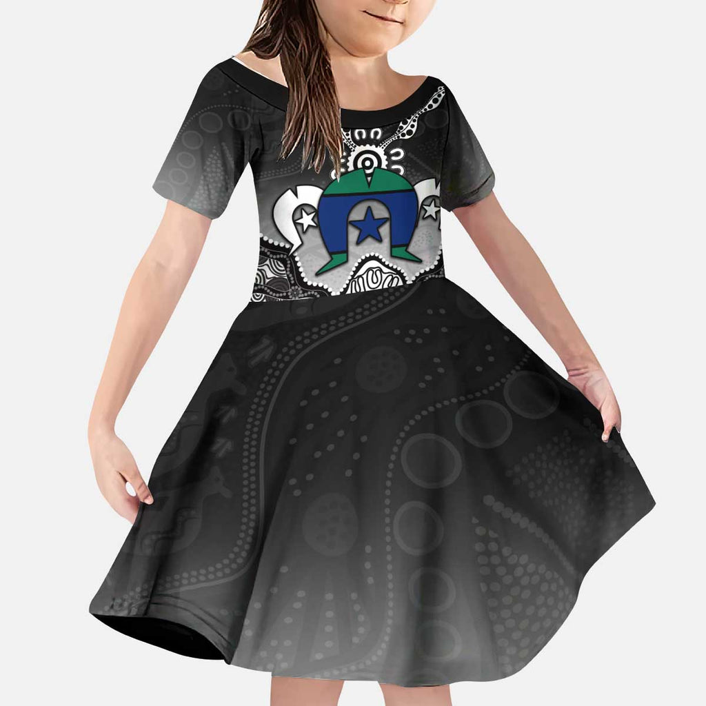 Torres Strait Islander Flag Kid Short Sleeve Dress Dhari Indigenous Dotwork Pattern Art