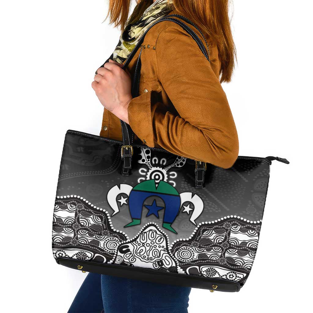 Torres Strait Islander Flag Leather Tote Bag Dhari Indigenous Dotwork Pattern Art