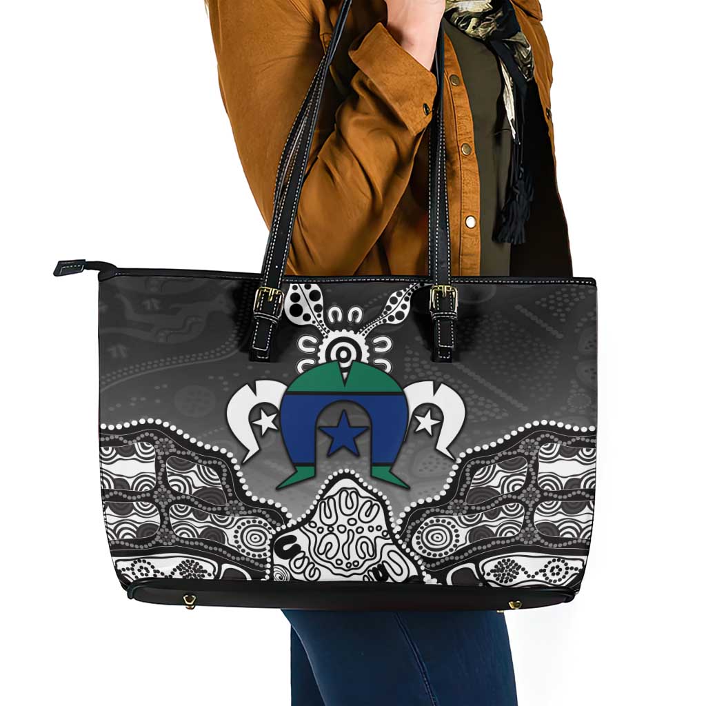 Torres Strait Islander Flag Leather Tote Bag Dhari Indigenous Dotwork Pattern Art