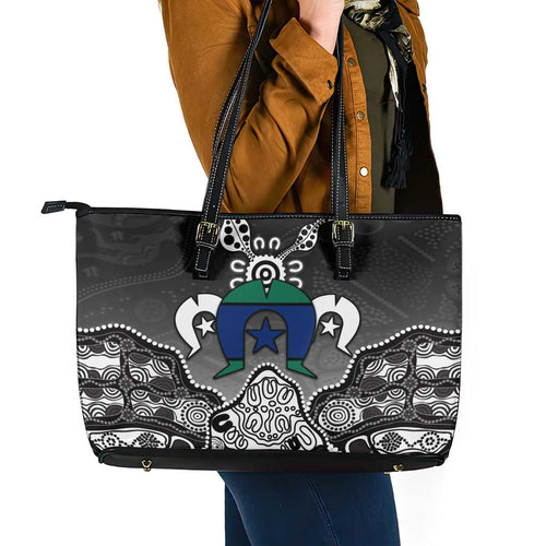 Torres Strait Islander Flag Leather Tote Bag Dhari Indigenous Dotwork Pattern Art