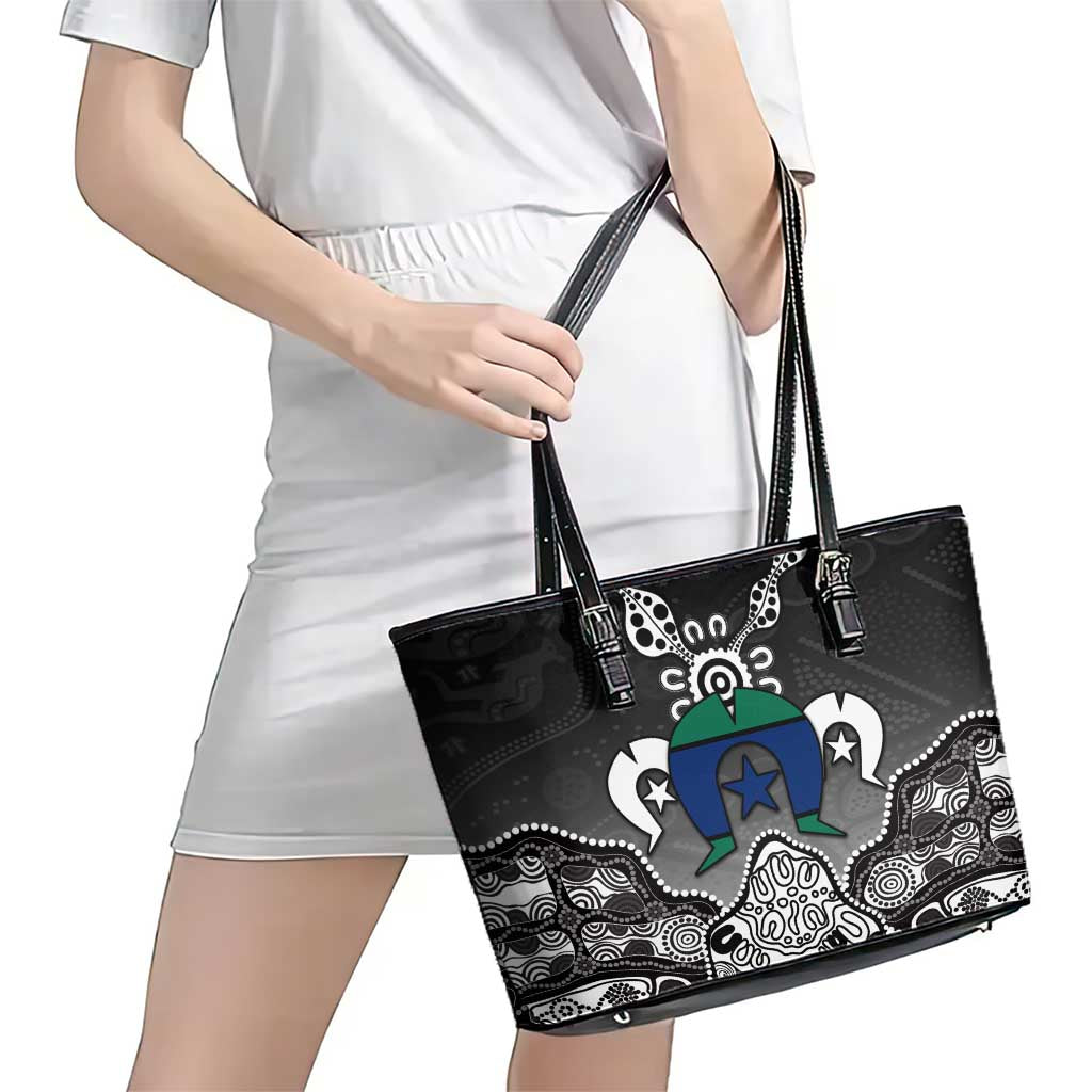 Torres Strait Islander Flag Leather Tote Bag Dhari Indigenous Dotwork Pattern Art