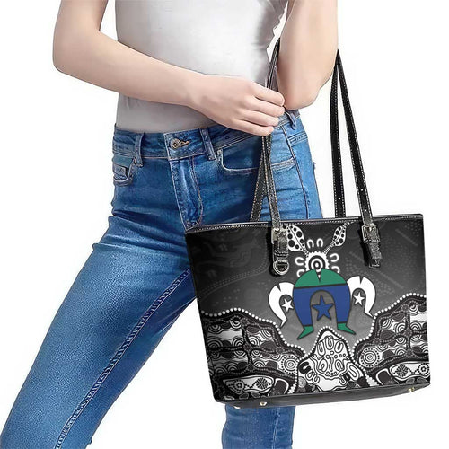 Torres Strait Islander Flag Leather Tote Bag Dhari Indigenous Dotwork Pattern Art