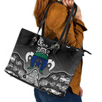 Torres Strait Islander Flag Leather Tote Bag Dhari Indigenous Dotwork Pattern Art