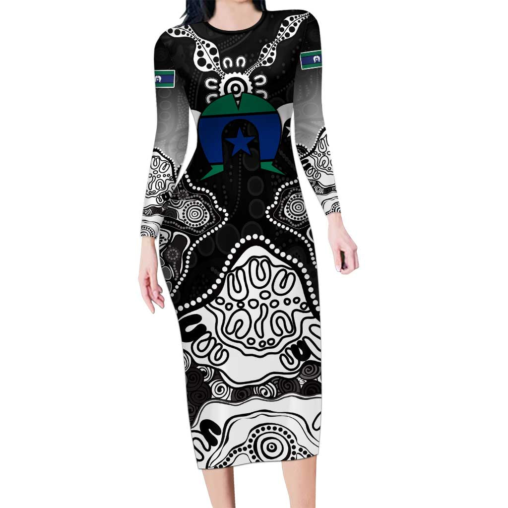 Torres Strait Islander Flag Long Sleeve Bodycon Dress Dhari Indigenous Dotwork Pattern Art
