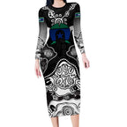 Torres Strait Islander Flag Long Sleeve Bodycon Dress Dhari Indigenous Dotwork Pattern Art