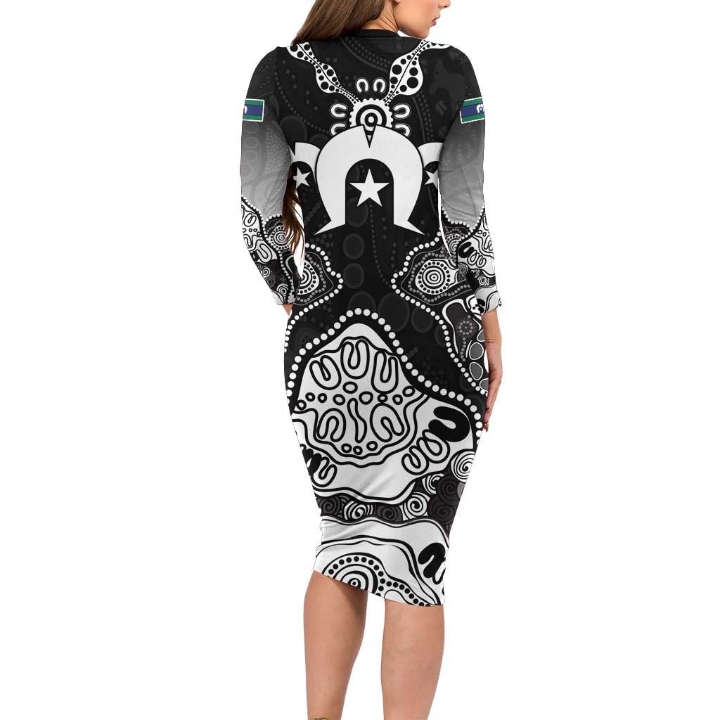 Torres Strait Islander Flag Long Sleeve Bodycon Dress Dhari Indigenous Dotwork Pattern Art