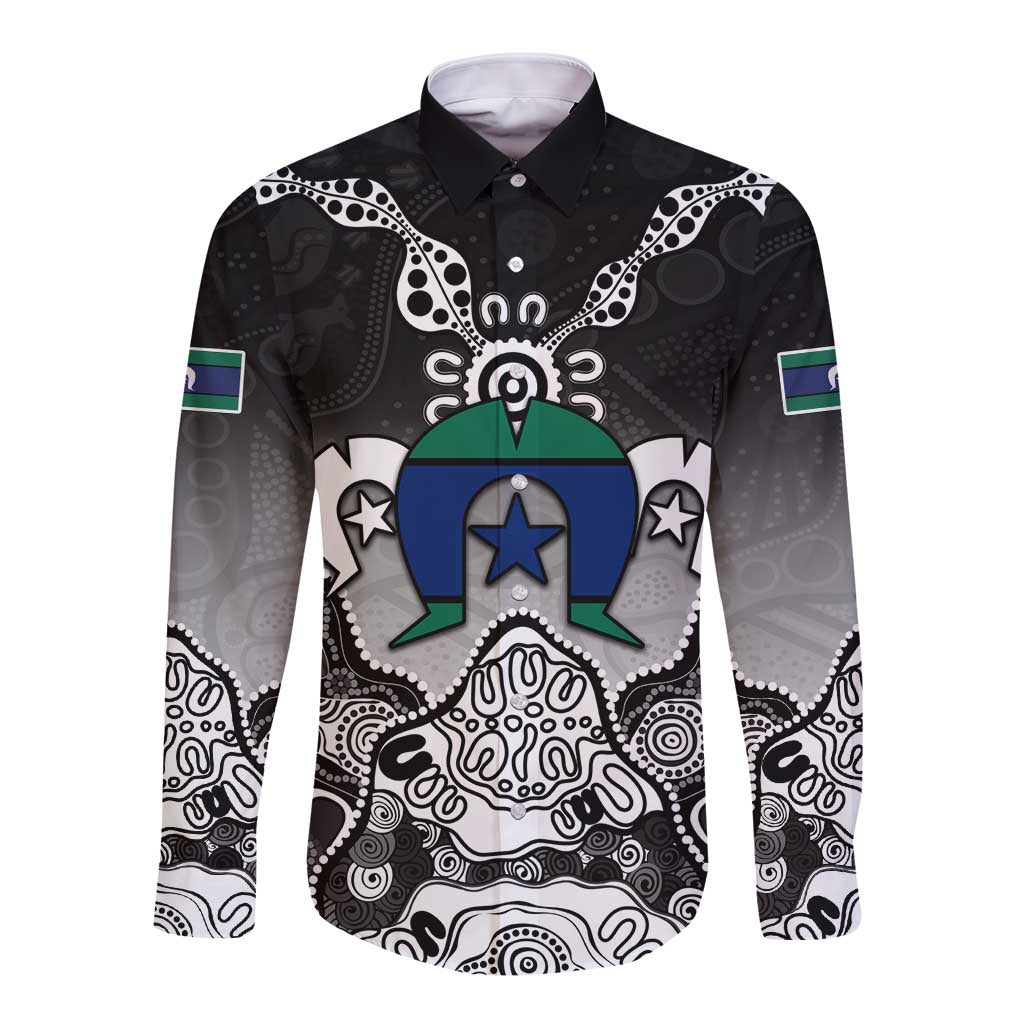 Torres Strait Islander Flag Long Sleeve Button Shirt Dhari Indigenous Dotwork Pattern Art