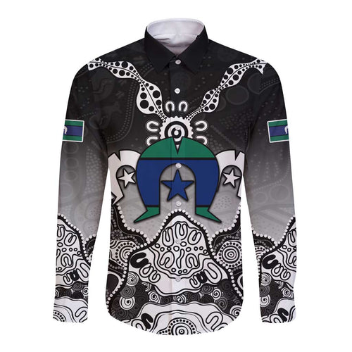 Torres Strait Islander Flag Long Sleeve Button Shirt Dhari Indigenous Dotwork Pattern Art