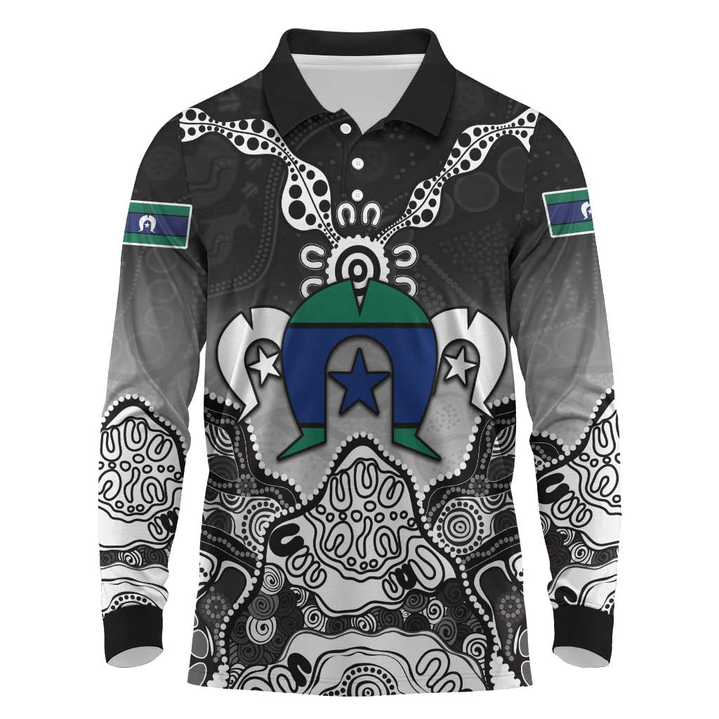 Torres Strait Islander Flag Long Sleeve Polo Shirt Dhari Indigenous Dotwork Pattern Art