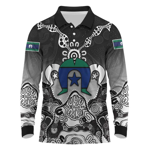 Torres Strait Islander Flag Long Sleeve Polo Shirt Dhari Indigenous Dotwork Pattern Art