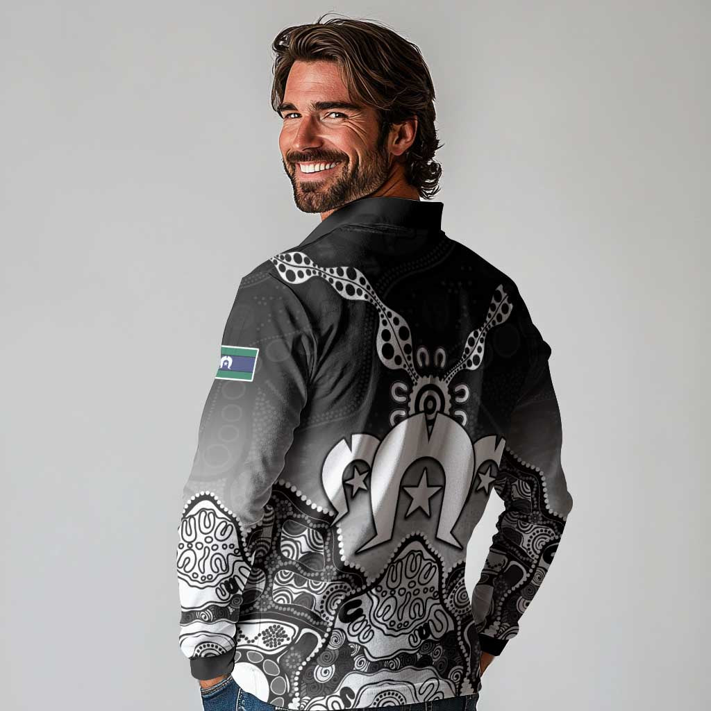 Torres Strait Islander Flag Long Sleeve Polo Shirt Dhari Indigenous Dotwork Pattern Art