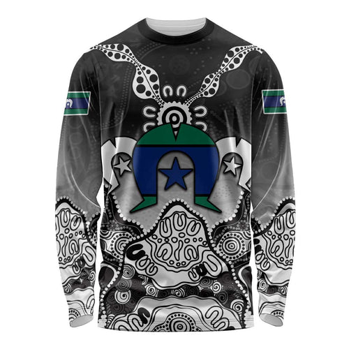 Torres Strait Islander Flag Long Sleeve Shirt Dhari Indigenous Dotwork Pattern Art