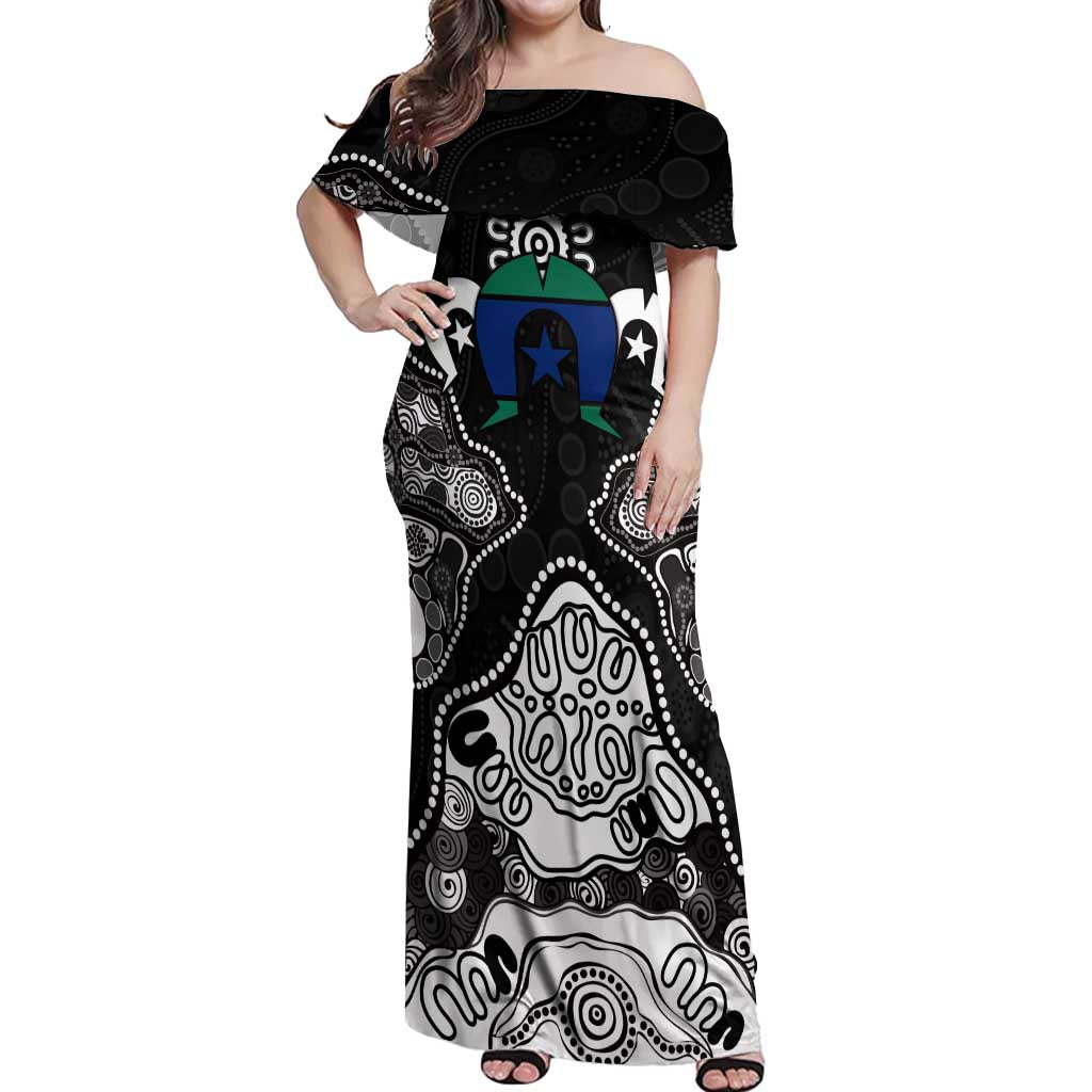 Torres Strait Islander Flag Off Shoulder Maxi Dress Dhari Indigenous Dotwork Pattern Art