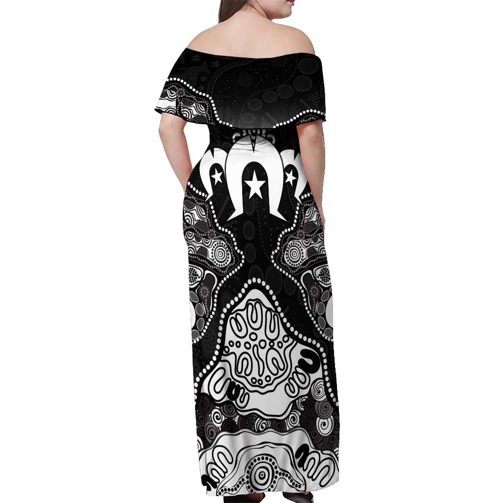 Torres Strait Islander Flag Off Shoulder Maxi Dress Dhari Indigenous Dotwork Pattern Art