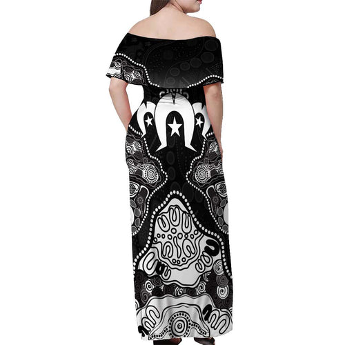 Torres Strait Islander Flag Off Shoulder Maxi Dress Dhari Indigenous Dotwork Pattern Art