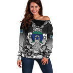 Torres Strait Islander Flag Off Shoulder Sweater Dhari Indigenous Dotwork Pattern Art