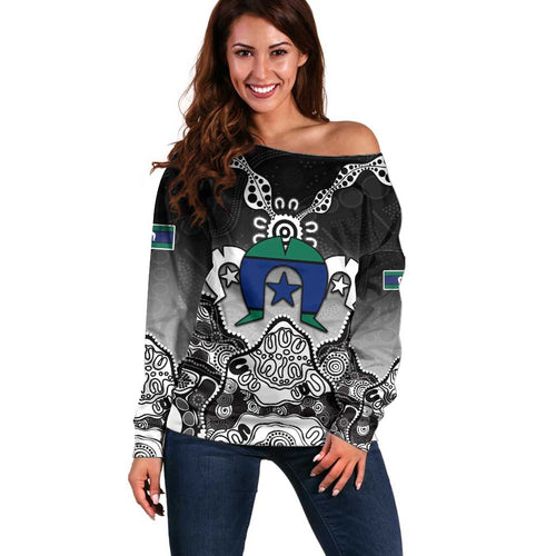Torres Strait Islander Flag Off Shoulder Sweater Dhari Indigenous Dotwork Pattern Art